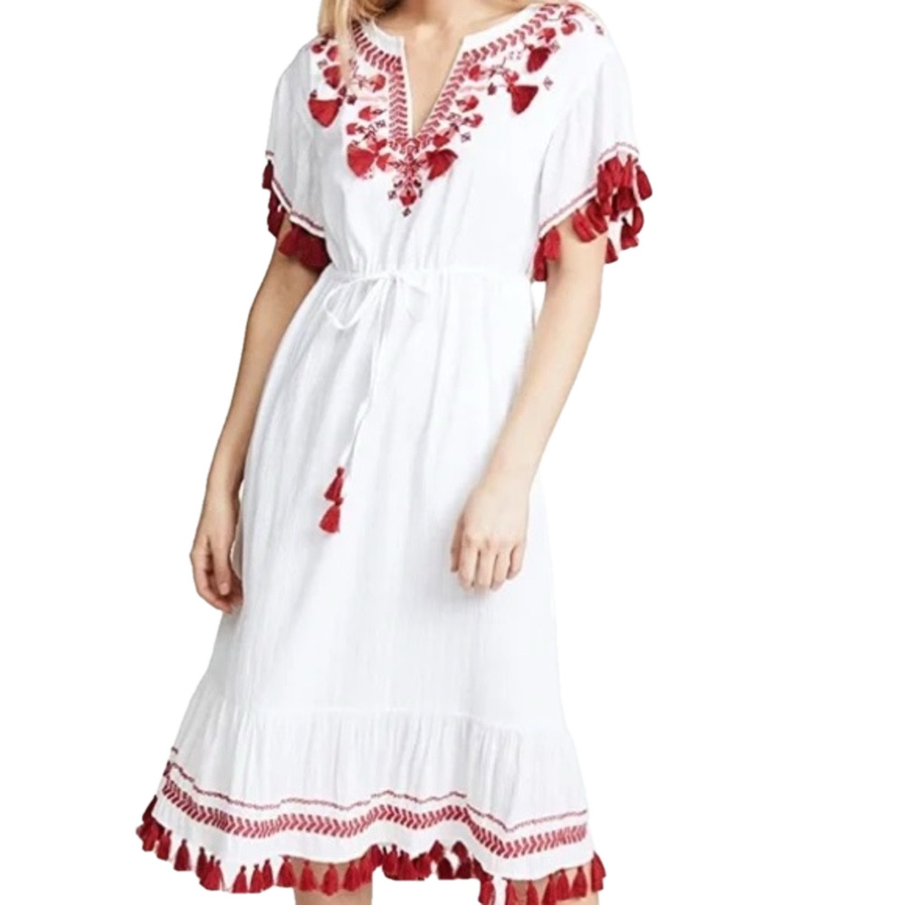 Club Monaco White Midi Dress with Red Embroidery